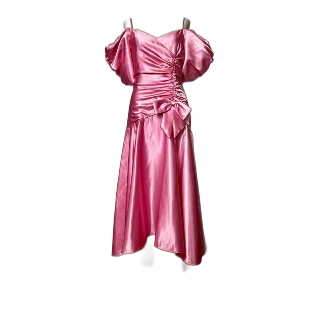 Vintage 80's Satin Pink Dress Hi Lo Coquette Gown Ruched Puff Sleeve Size 8 Med